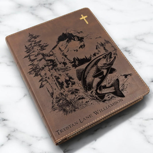 Personalized NIV Journal Bible: Engraved Fish and Nature Scene, Lined Wide Margins