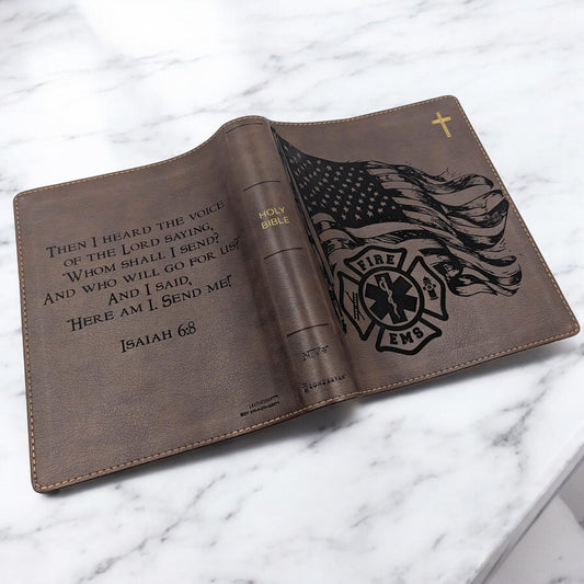 Personalized NIV Journal Bible: Engraved EMS Firefighter and American Flag, Lined Wide Margins