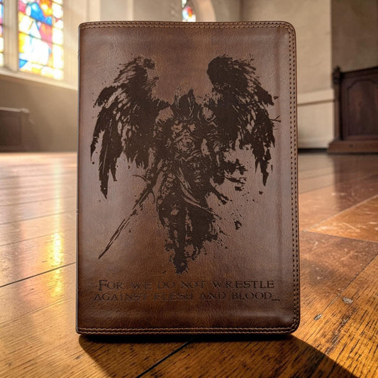 Personalized ESV Bible Giant Print: Engraved Michael the Archangel, Deep Brown Leatherlike