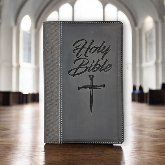Personalized NIV Bible Large Print: Engraved Cross of Nails, Black Leatherlike, Thumb Index