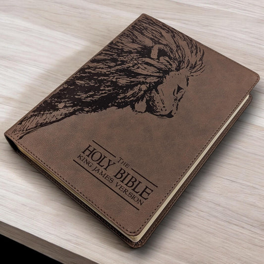 Personalized KJV Bible: Engraved Lion, Wide Margin, Brown Leatherlike