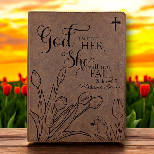 Personalized KJV Bible for Women: Engraved Tulip Flowers & Psalm 46-5, Wide Margin, Brown Leatherlike
