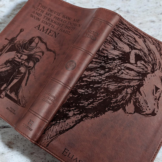 Personalized Large Print ESV Bible: Engraved Lion and Kneeling Warrior