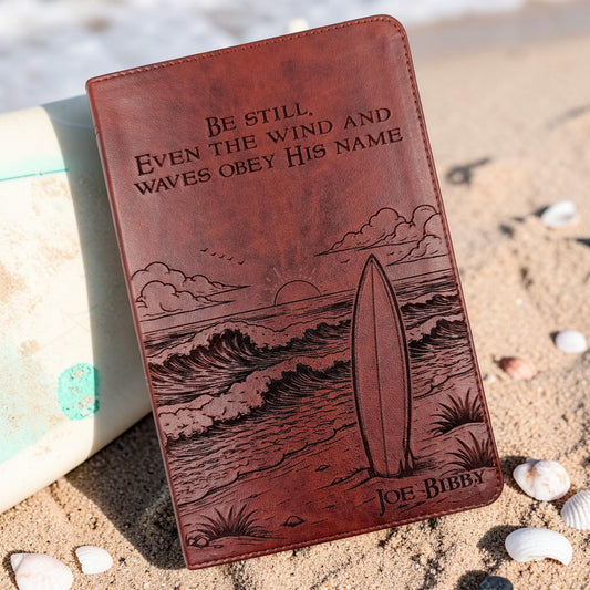 Personalized ESV Bible Large Print: Engraved with Ocean Waves and Surfboard Design, Custom Name