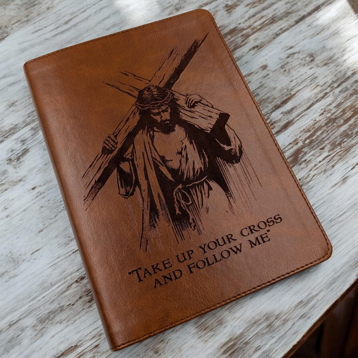 Personalized CSB He Reads Truth Bible: Engraved Cross and Jesus, Brown Leatherlike, Wide Margin