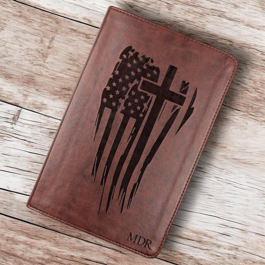Personalized ESV Bible Large Print: Engraved American Flag, Cross and Custom Name