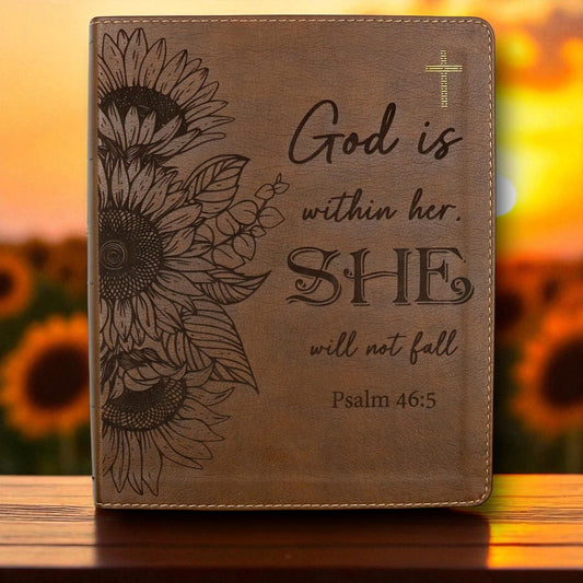 Personalized NIV Journal Bible for Women: Sunflowers and Psalm 46-5 Engraving, Lined Wide Margins