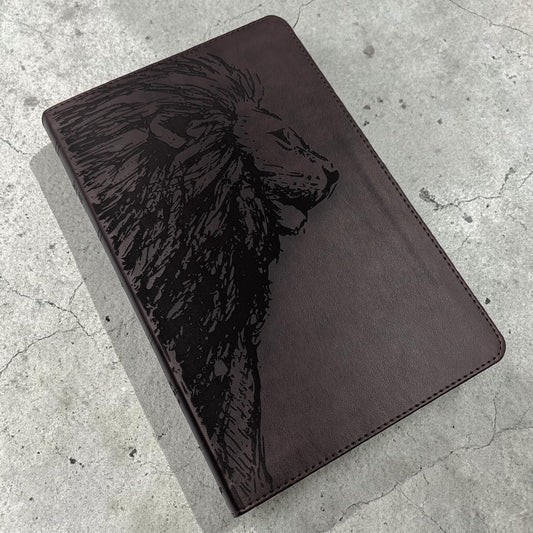 Personalized ESV Thinline Bible Large Print: Engraved Lion, Mahogany Cover, Red Letter