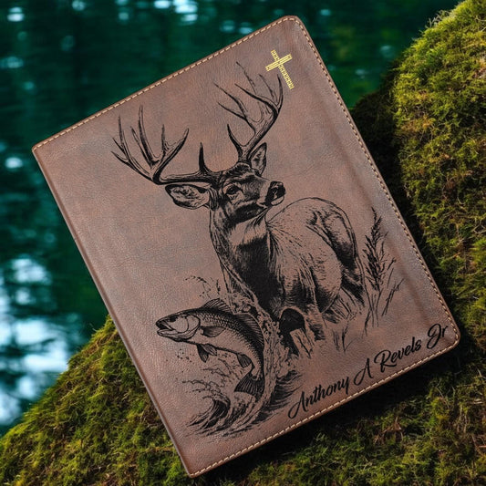 Personalized NIV Journal Bible: Engraved Buck Deer a Red Drum Fish, Lined Wide Margins