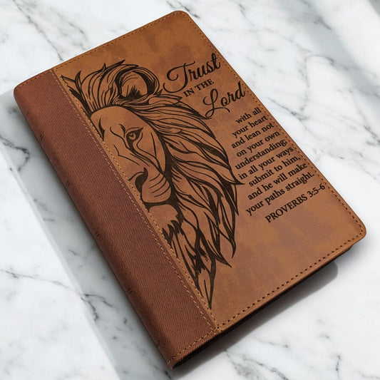 Personalized NIV Bible Large Print: Lion Trust in the Lord Scripture Engraving, Optional Thumb Index