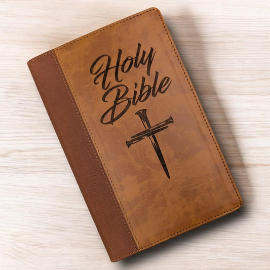 Personalized NIV Bible Large Print: Engraved Cross of Nails, Brown Leatherlike