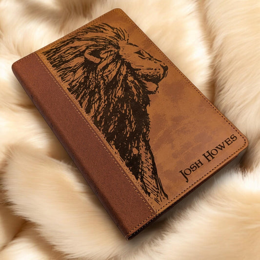 Personalized NIV Bible Large Print: Engraved Lion, Brown Leatherlike