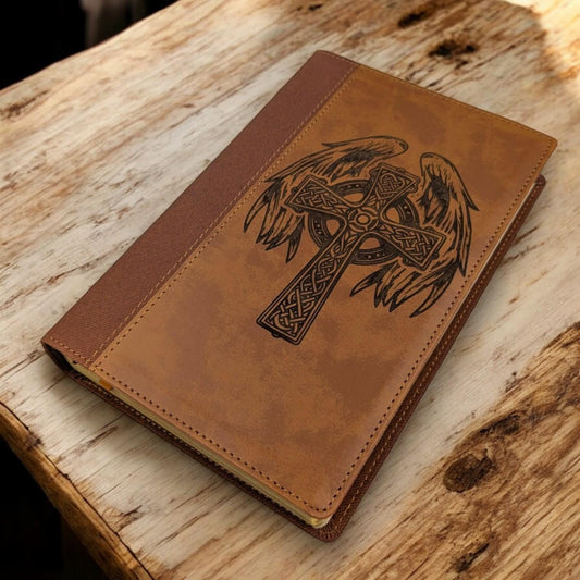 Personalized NIV Bible Large Print: Engraved Celtic Cross & Angel Wings, Brown Leatherlike