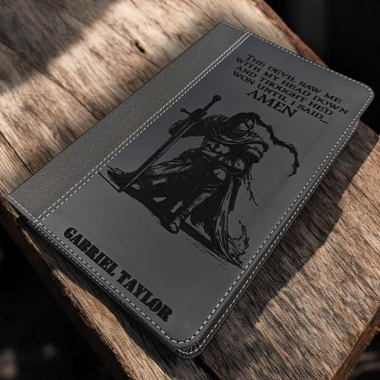 Personalized NIV Bible Large Print: Engraved Kneeling Warrior, Black Leatherlike