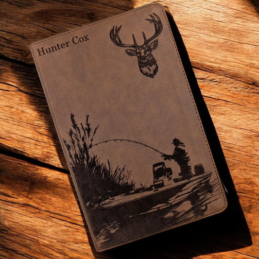 Personalized King James Bible KJV, Personal Size: Engraved Fisherman and Buck Design, Brown Leatherlike