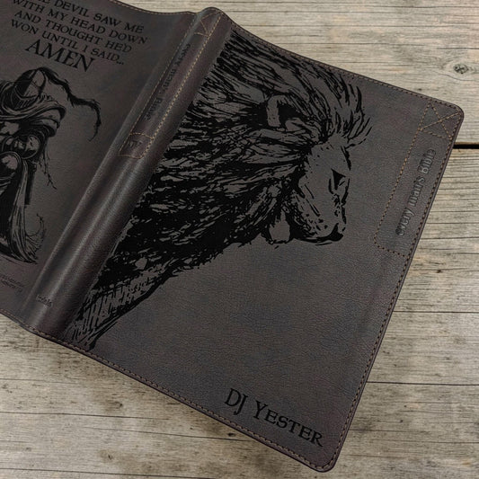 Personalized Every Man's Large Print NIV Bible: Engraved Lion and Kneeling Warrior, Brown Leatherlike
