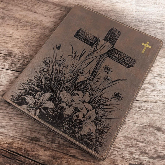 Personalized NIV Journal Bible: Engraved Cross and Wildflowers, Lined Wide Margins