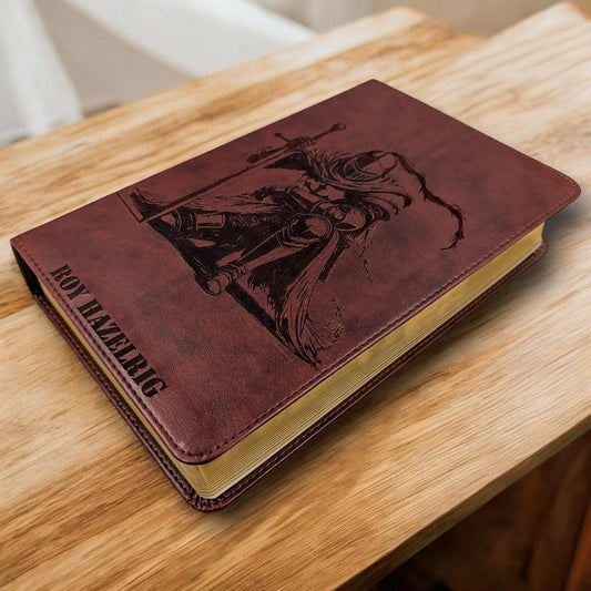 Personalized ESV Bible Large Print: Engraved Kneeling Warrior, Chestnut Brown Cover, Red Letter