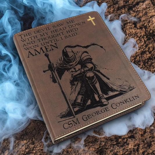 Personalized NIV Journal Bible: Engraved Kneeling Warrior, Lined Wide Margins