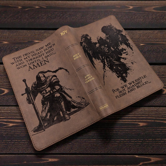 Personalized KJV Bible Personal Size: Engraved Michael the Archangel and Kneeling Warrior, Brown
