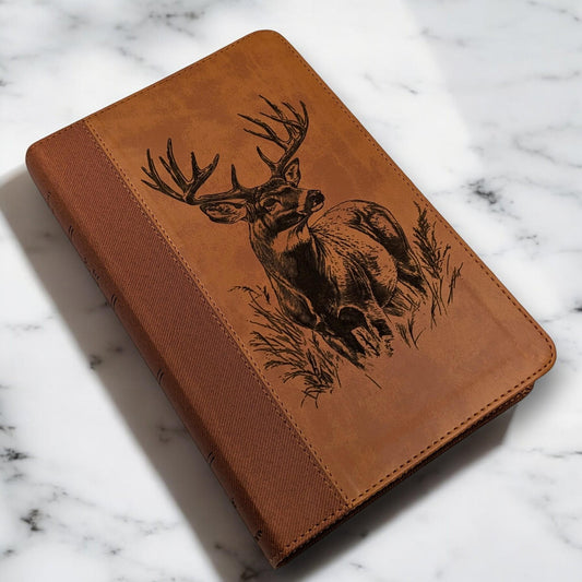 Personalized NIV Bible Large Print with Thumb Index: Engraved Buck Deer, Brown Leatherlike