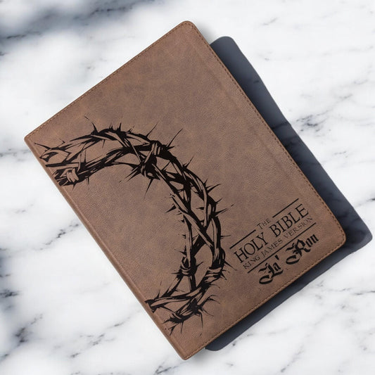 Personalized KJV Bible: Engraved Crown of Thorns, Wide Margin, Brown Leatherlike