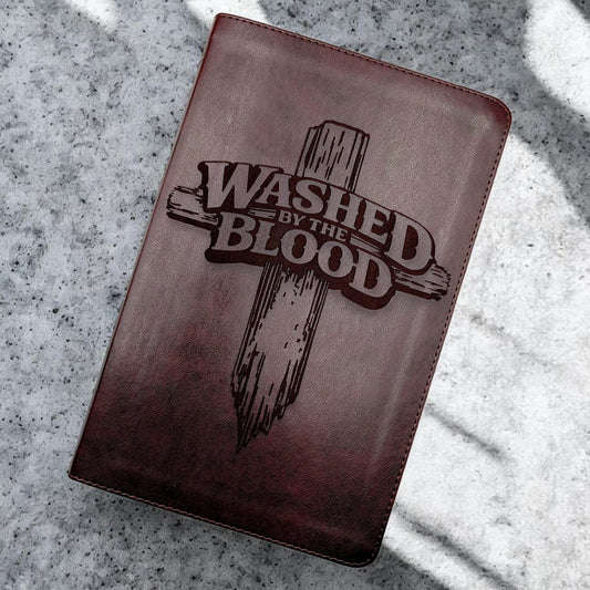 Personalized ESV Thinline Bible Large Print: Washed By The Blood Cross Design, Mahogany Cover