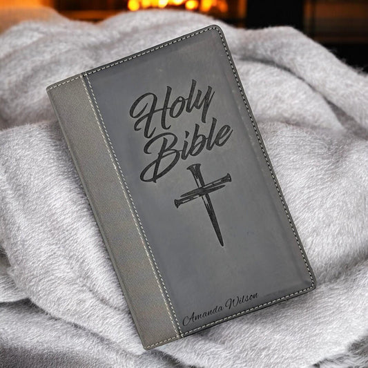 Personalized NIV Bible Large Print: Engraved Cross of Nails, Black Leatherlike