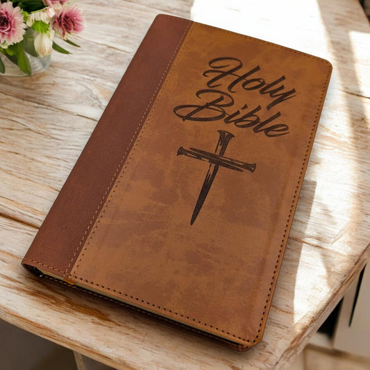 Personalized NIV Bible Large Print, Thumb Index: Engraved Cross of Nails, Brown Leatherlike
