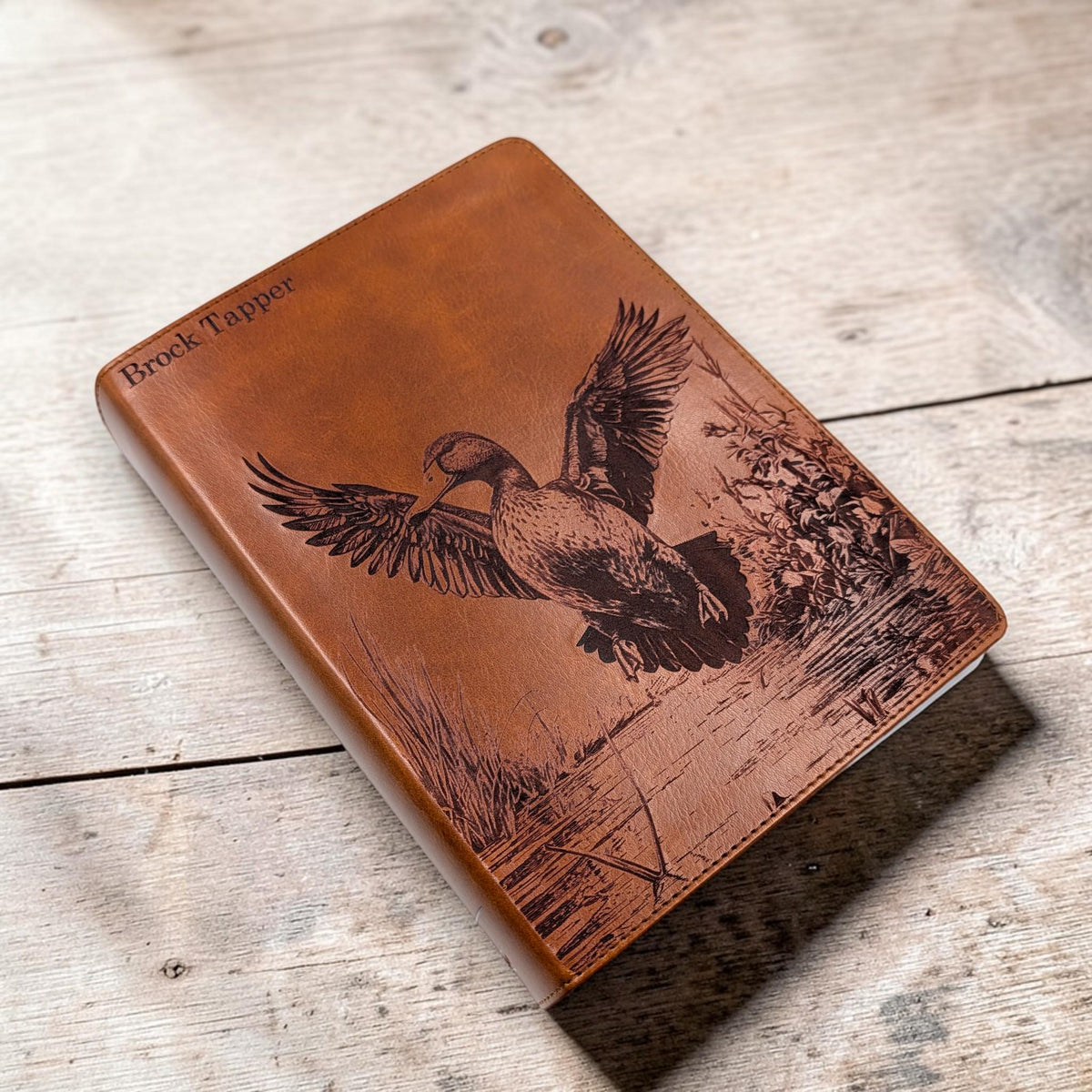 Personalized CSB He Reads Truth Bible: Engraved Duck design, Brown Leatherlike, Wide Margin