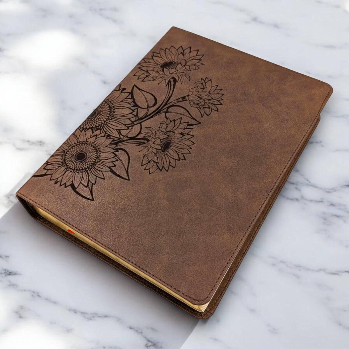 Personalized KJV Bible for Women: Engraved Sunflower Design, Wide Margin, Brown Leatherlike