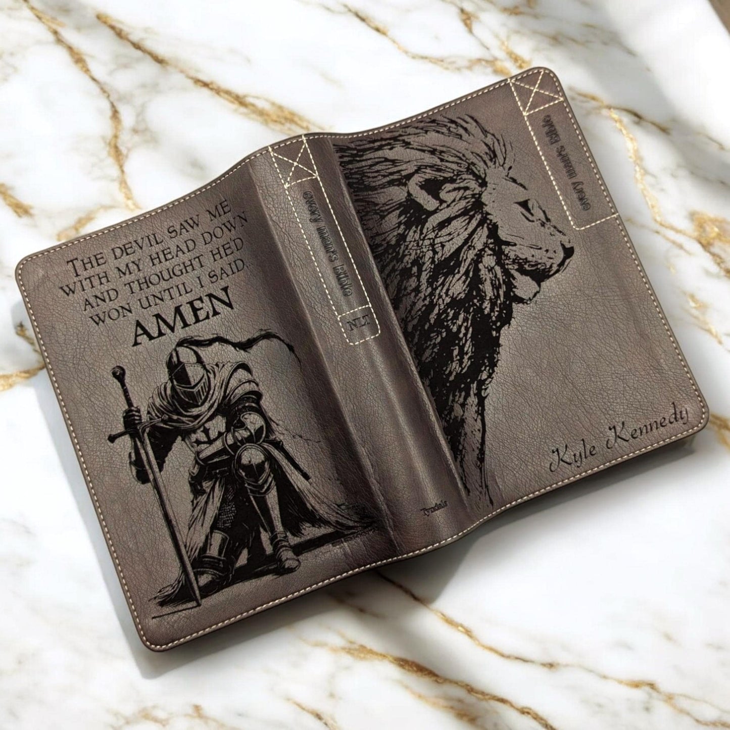 Personalized Every Man's Bible NLT: Engraved Lion and Kneeling Warrior, Brown Deluxe Edition