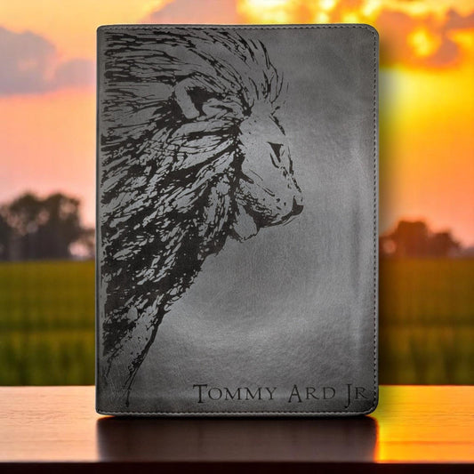 Personalized CSB He Reads Truth Bible: Engraved Lion & Crown, Gray Leatherlike, Wide Margin
