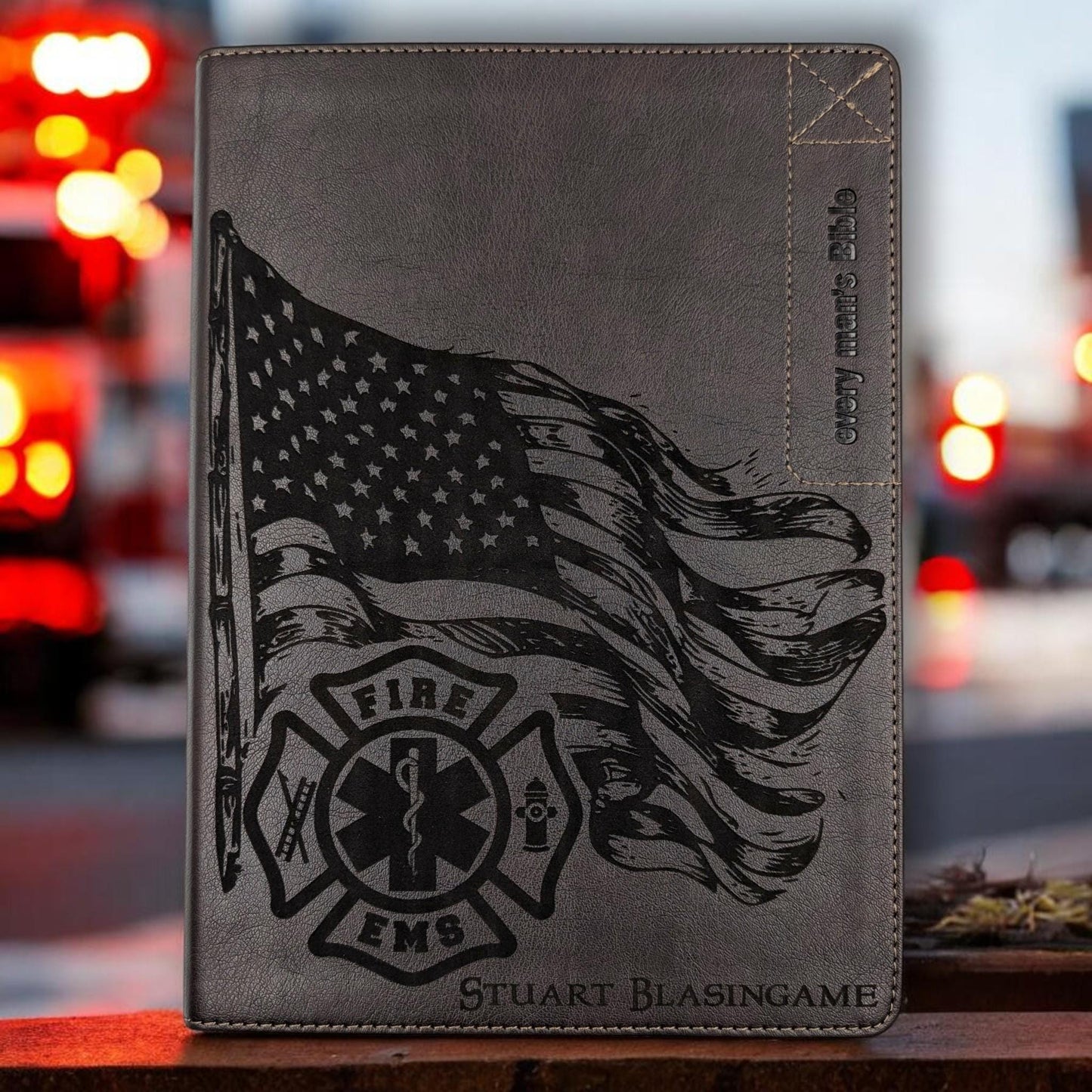 Personalized Every Man's Large Print NLT Bible (Brown): Engraved EMS & Firefighter, Optional Thumb Index