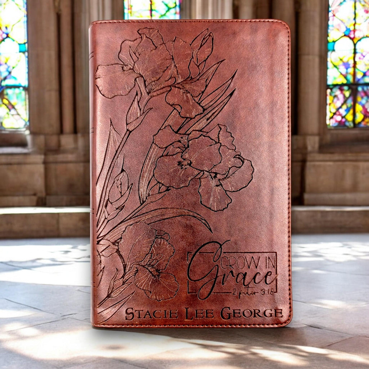 Personalized ESV Bible Large Print: Engraved Iris Flower, Crown of Thorns - Grow in Grace