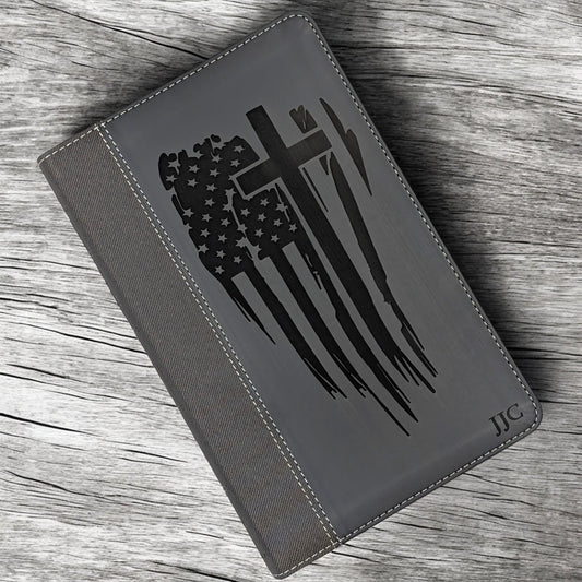 Personalized NIV Bible Large Print: Engraved American Flag and Cross, Black Leatherlike