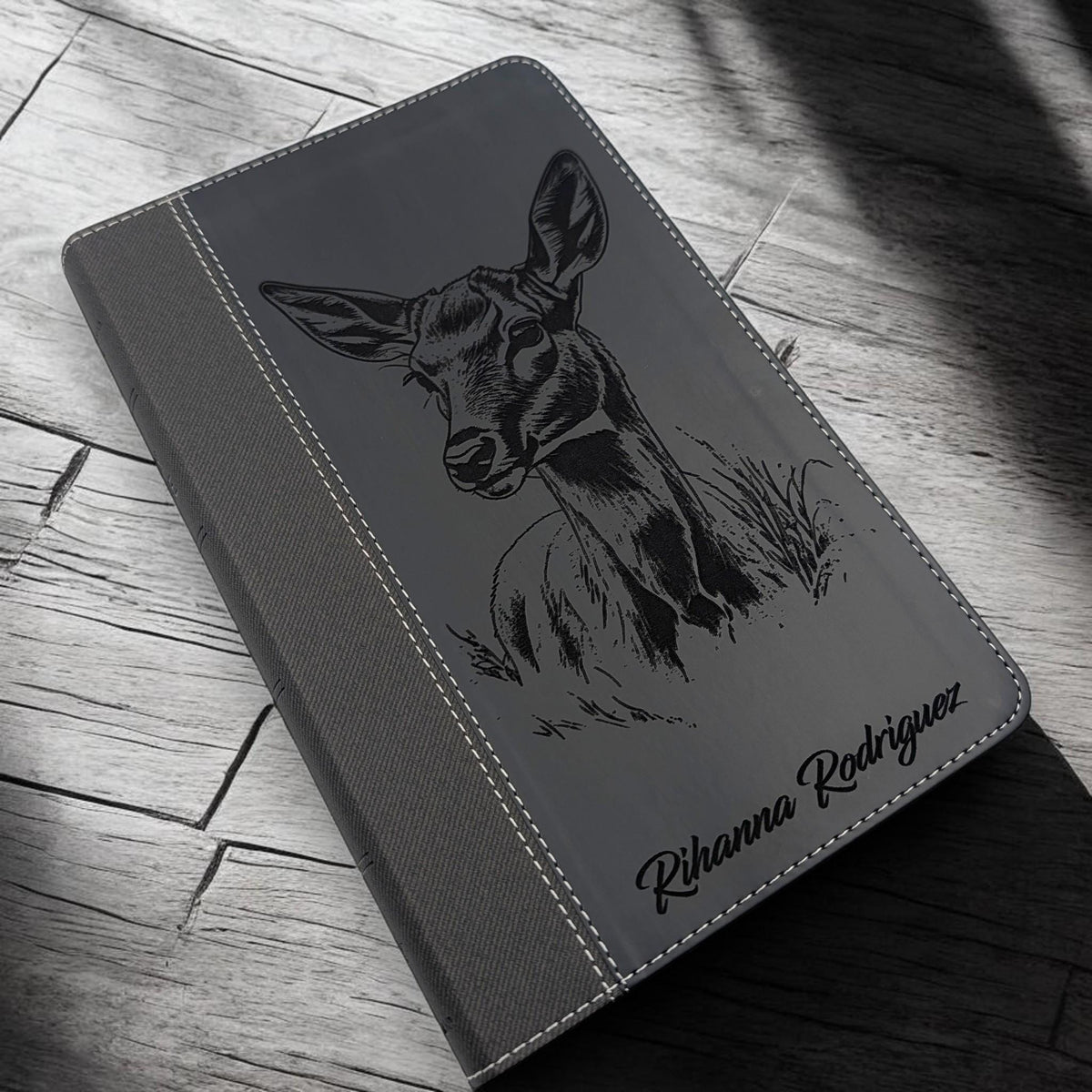 Personalized NIV Bible Large Print: Engraved Doe Deer, Black Leatherlike, Optional Thumb Index