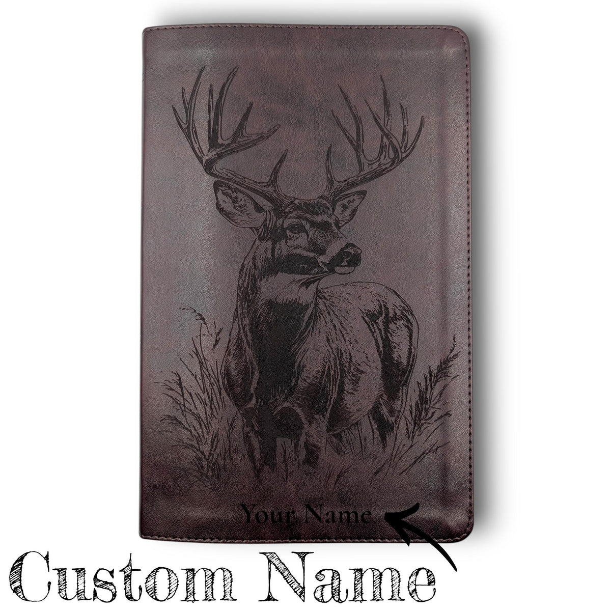 Personalized ESV Thinline Bible Large Print: Engraved Buck Deer Design, Mahogany Leatherlike Cover