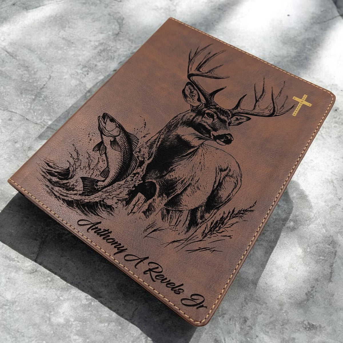 Personalized NIV Journal Bible: Engraved Buck Deer a Red Drum Fish, Lined Wide Margins