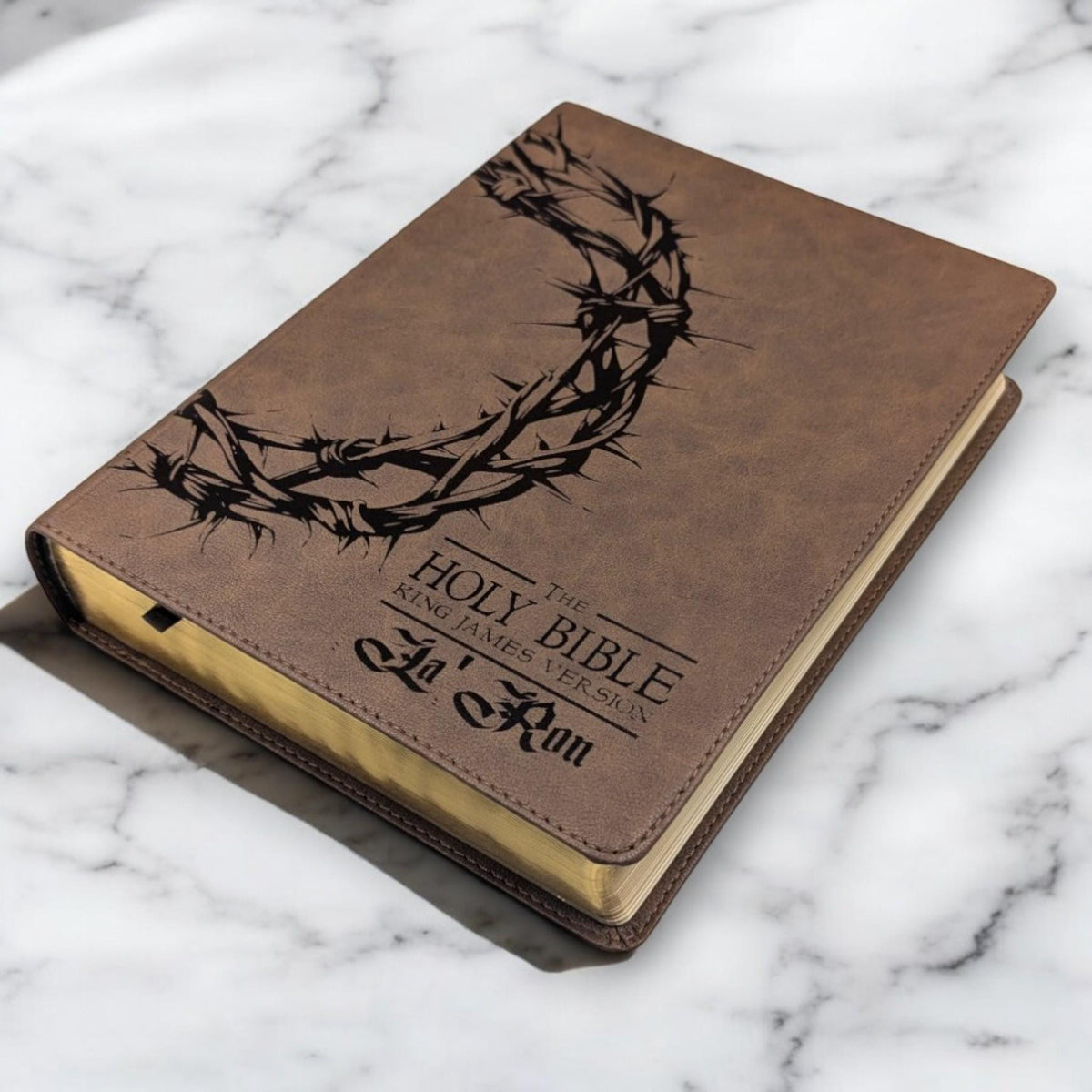 Personalized KJV Bible: Engraved Crown of Thorns, Wide Margin, Brown Leatherlike