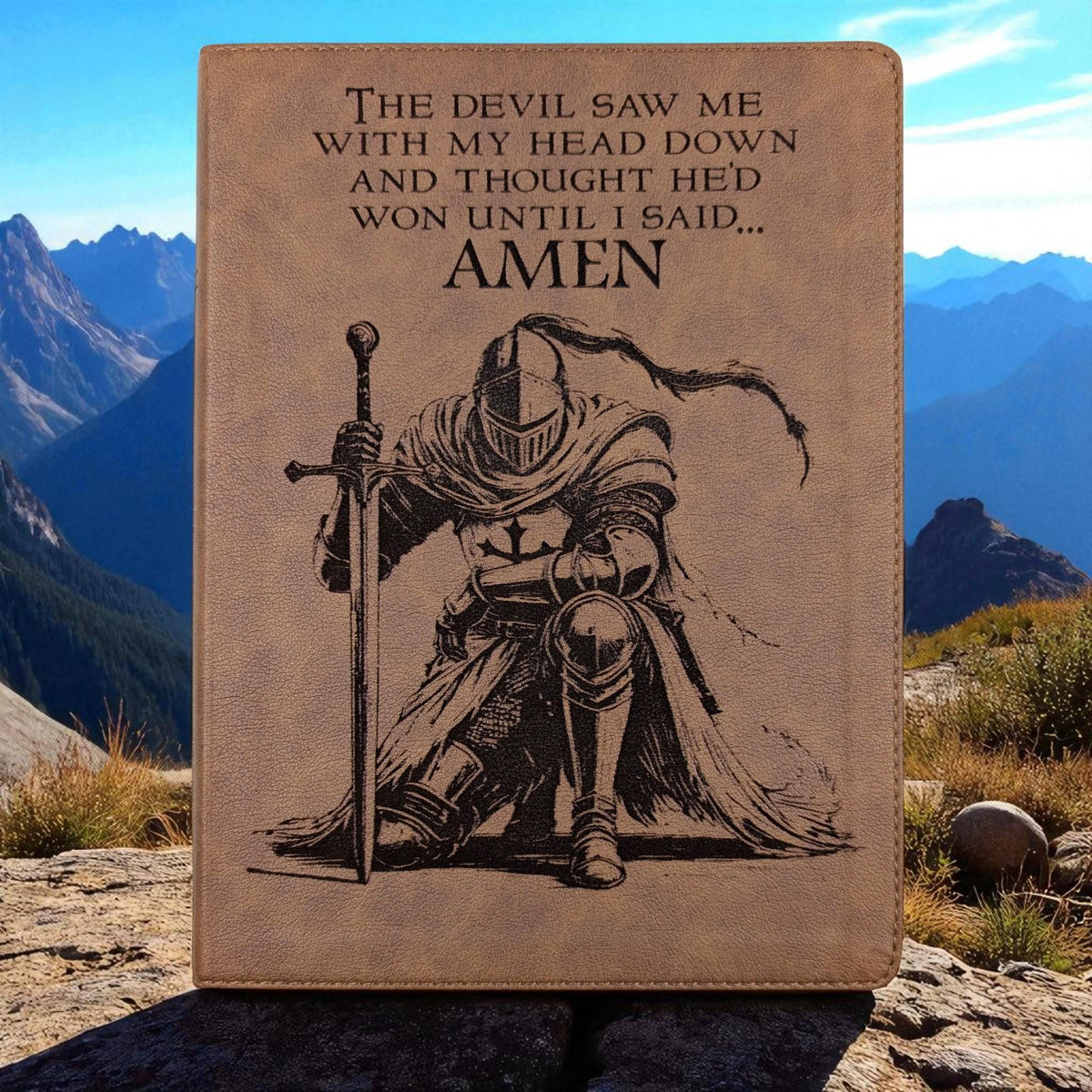Personalized KJV Bible: Engraved Kneeling Warrior, Wide Margin, Brown