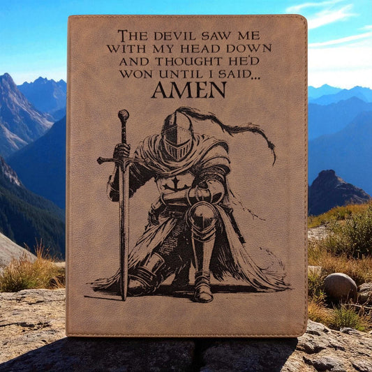 Personalized KJV Bible: Engraved Kneeling Warrior, Wide Margin, Brown