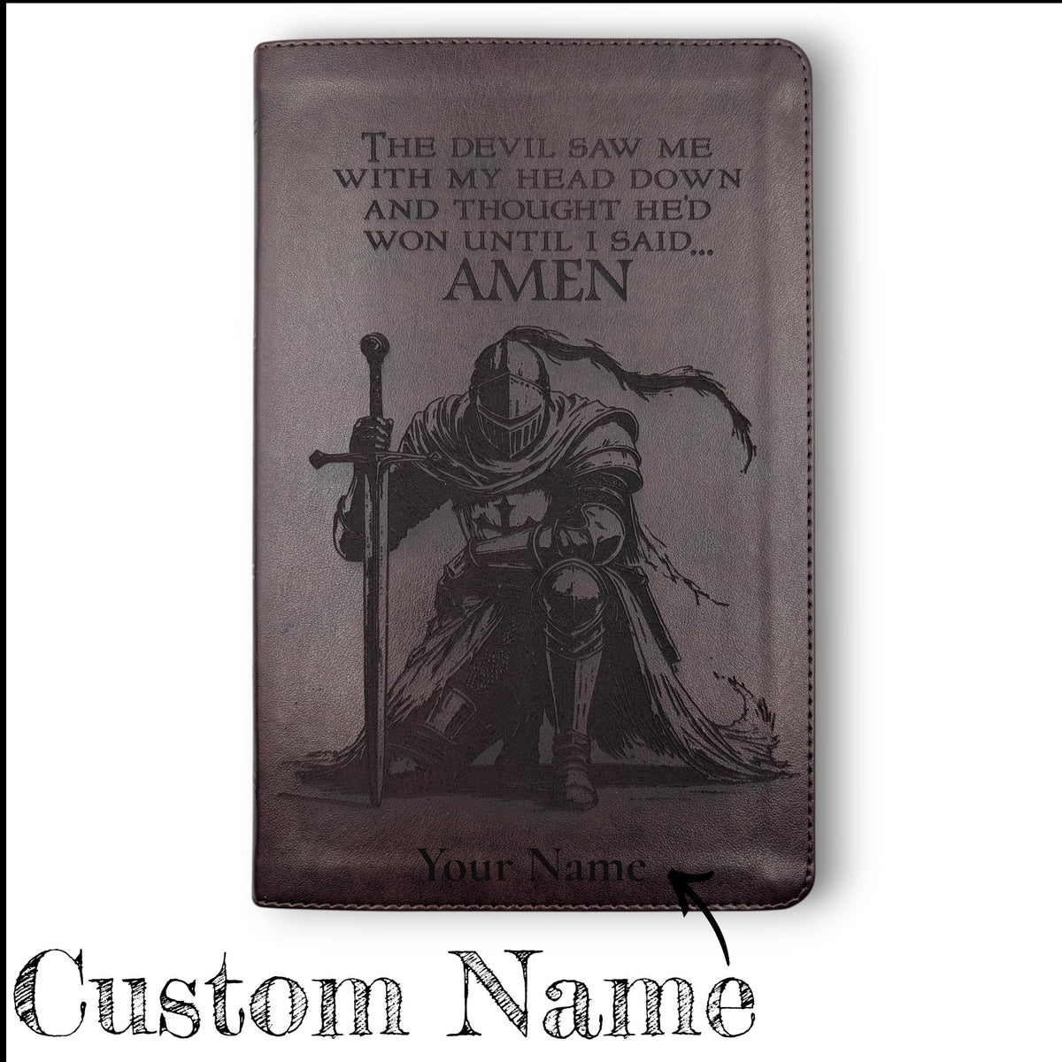 Personalized ESV Thinline Bible Large Print: Engraved Kneeling Warrior, Mahogany Cover, Red Letter