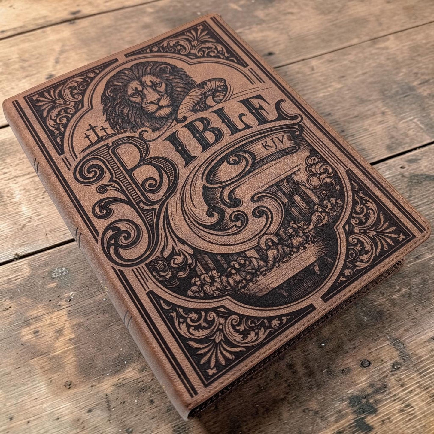 Personalized KJV Bible: Lion, Cross, Empty Tomb & Last Supper Engraving, Wide Margin, Brown Leatherlike