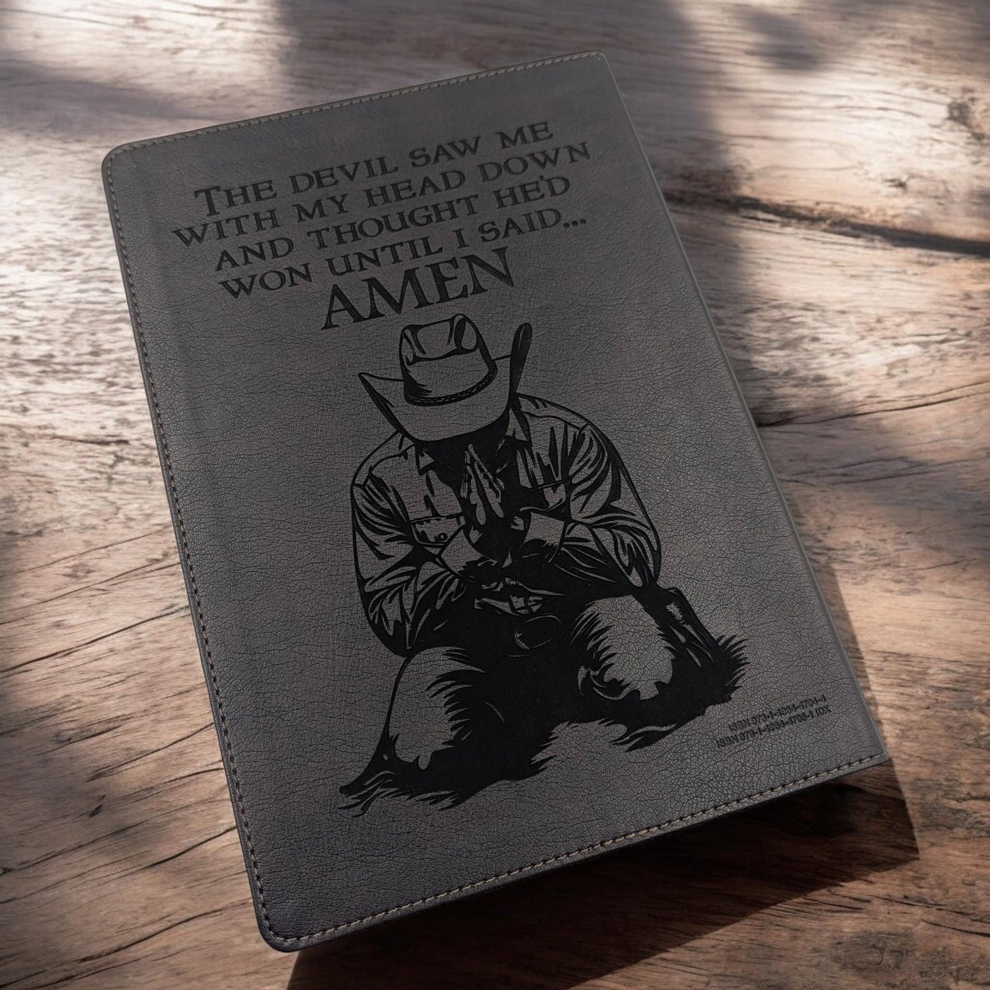 Personalized Every Man's Large Print NLT Bible: Engraved Rodeo Bull & Kneeling Cowboy, Brown Cover