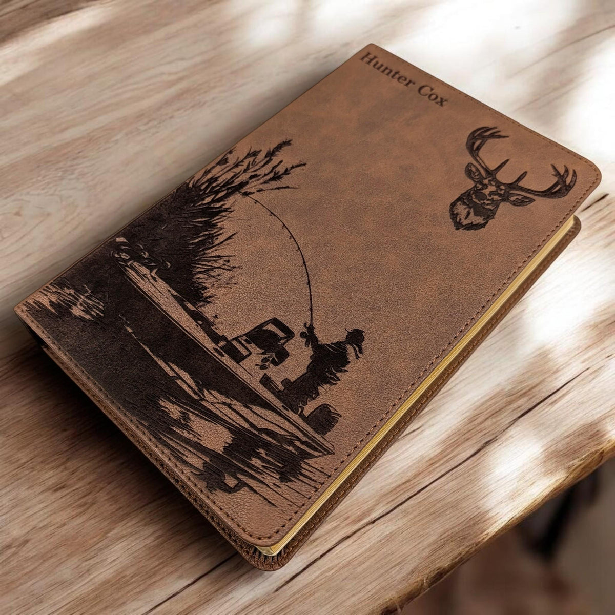 Personalized King James Bible KJV, Personal Size: Engraved Fisherman and Buck Design, Brown Leatherlike