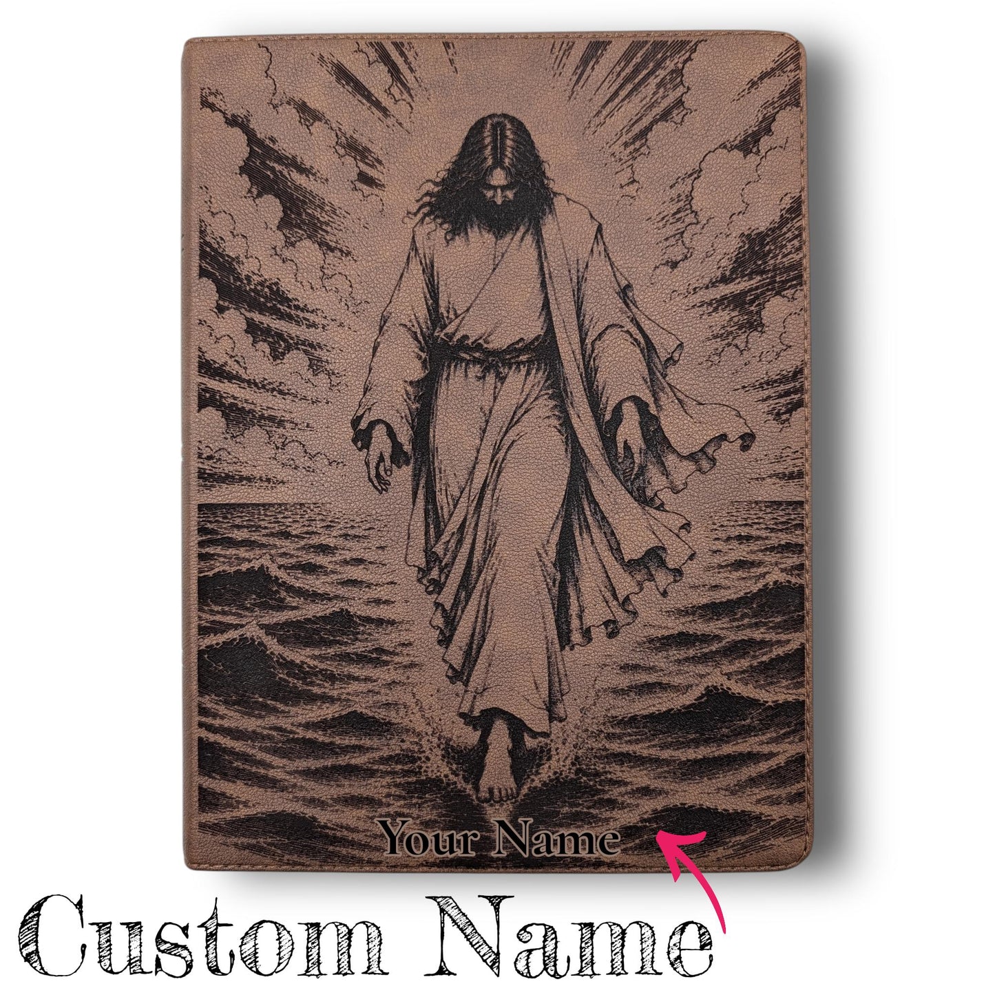 Personalized KJV Bible: Jesus Walking on Water Engraving, Wide Margin, Brown Leatherlike