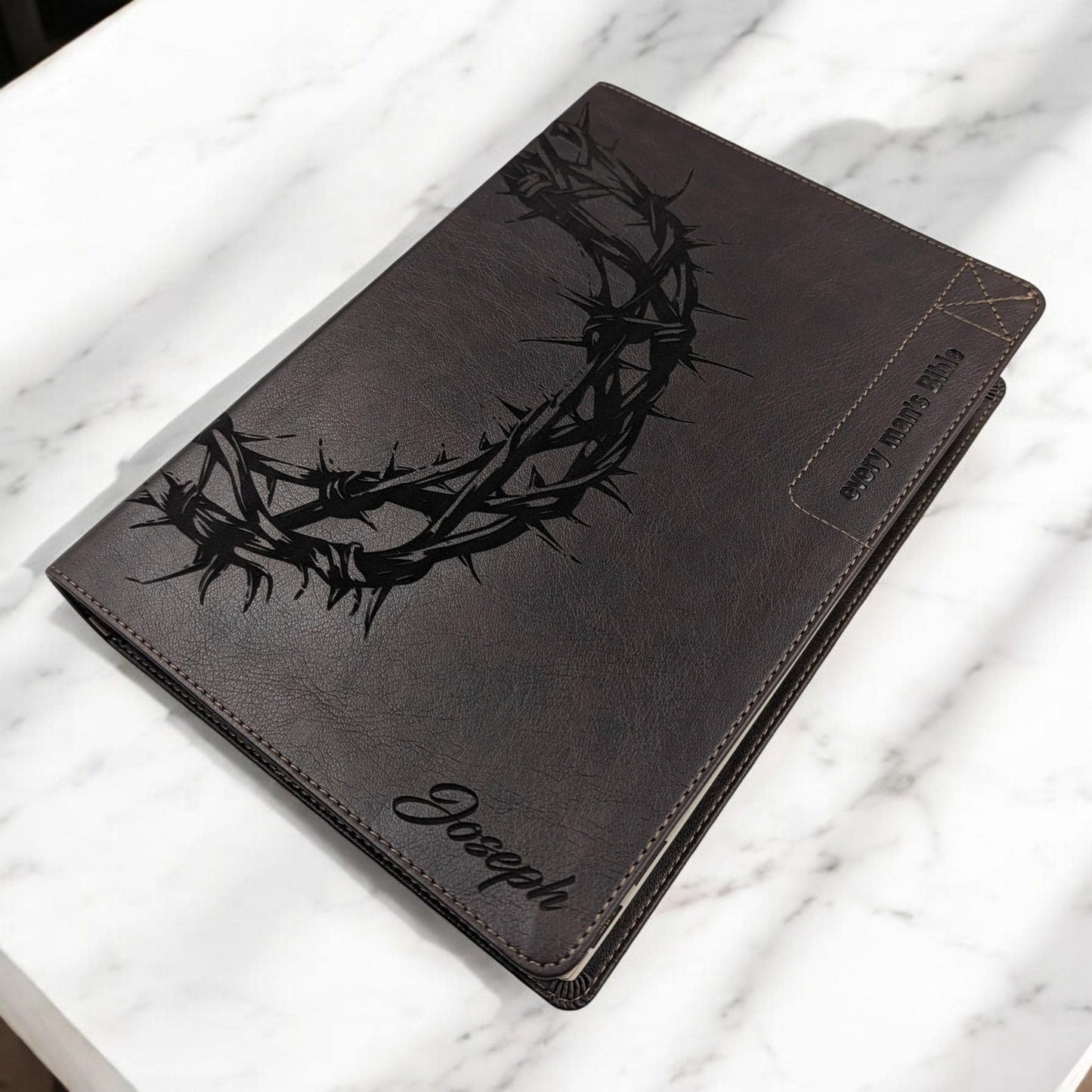 Personalized Every Man's Large Print NIV Bible: Engraved Full Crown of Thorns, Brown Leatherlike