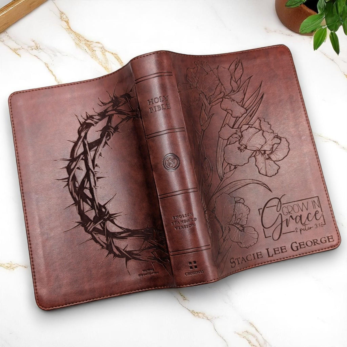 Personalized ESV Bible Large Print: Engraved Iris Flower, Crown of Thorns - Grow in Grace