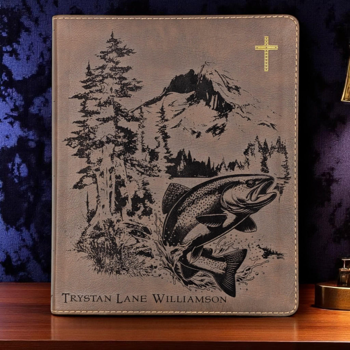 Personalized NIV Journal Bible: Engraved Fish and Nature Scene, Lined Wide Margins